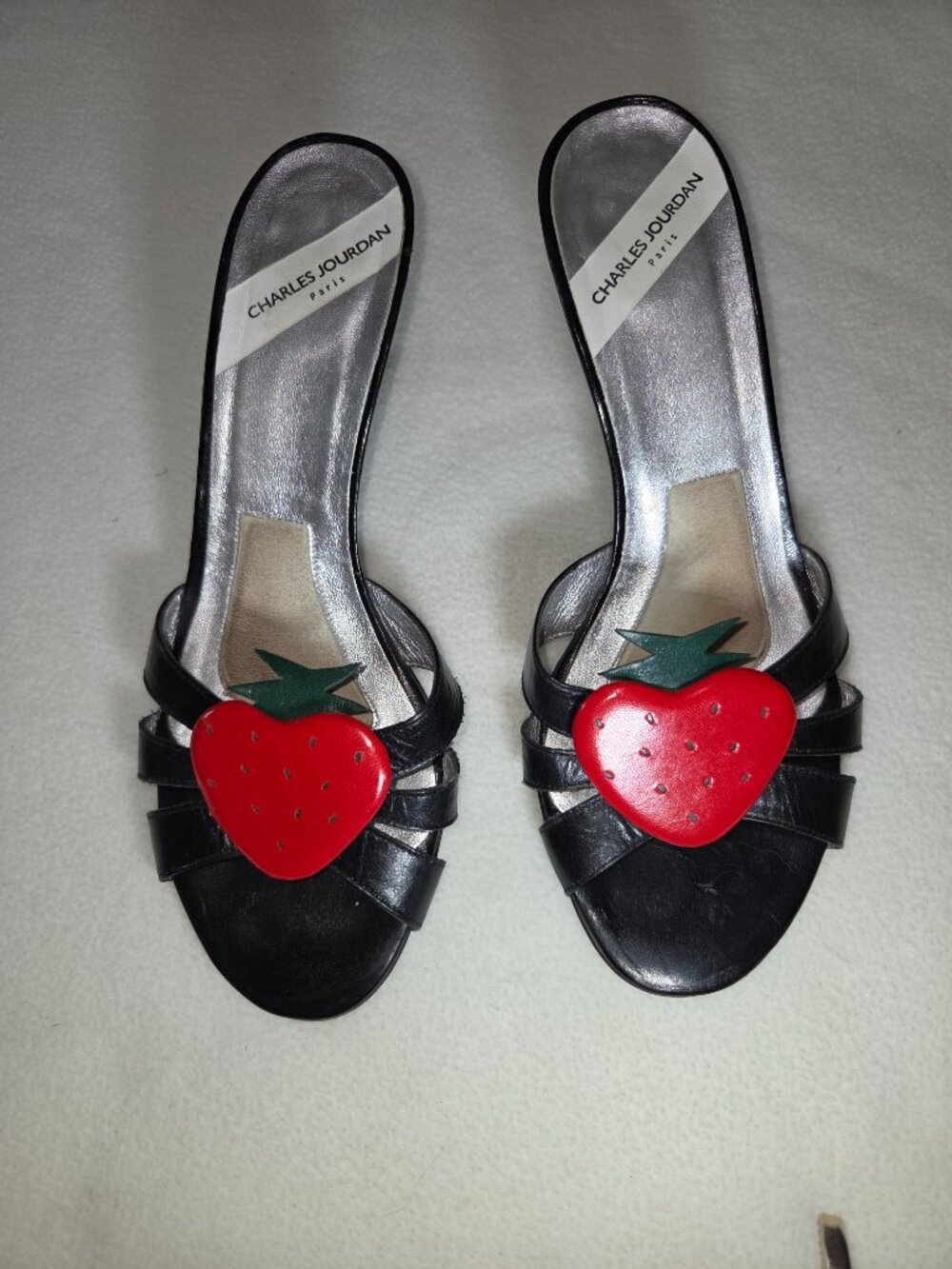 Vintage Charles Jourdan Paris Strawberry Leather Kitten Heels Mules French Made